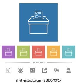 Voting paper and ballot box outline flat white icons in square backgrounds. 6 bonus icons included.