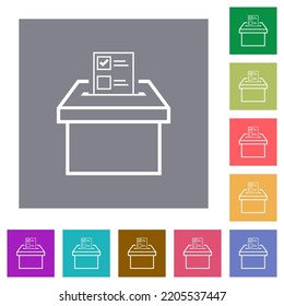 Voting paper and ballot box outline flat icons on simple color square backgrounds