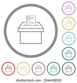 Voting paper and ballot box outline flat color icons in round outlines on white background