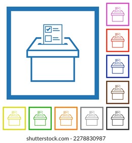 Voting paper and ballot box outline flat color icons in square frames on white background