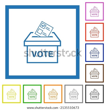 Voting paper and ballot box outline flat color icons in square frames on white background