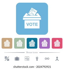 Voting paper and ballot box solid white flat icons on color rounded square backgrounds. 6 bonus icons included
