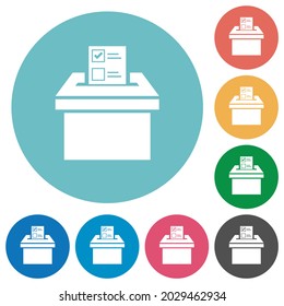 Voting paper and ballot box solid flat white icons on round color backgrounds