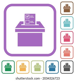 Voting paper and ballot box solid simple icons in color rounded square frames on white background