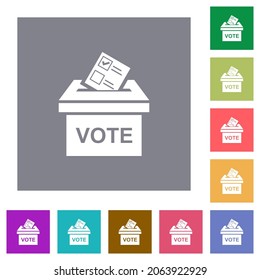 Voting paper and ballot box solid flat icons on simple color square backgrounds