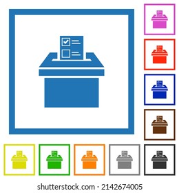 Voting paper and ballot box solid flat color icons in square frames on white background