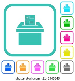 Voting paper and ballot box solid vivid colored flat icons in curved borders on white background