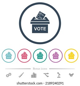 Voting paper and ballot box solid flat color icons in round outlines. 6 bonus icons included.