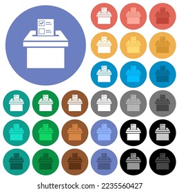 Voting paper and ballot box solid multi colored flat icons on round backgrounds. Included white, light and dark icon variations for hover and active status effects, and bonus shades.