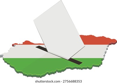 Voting paper being inserted into a slot in the map of Hungary representing national elections, democratic choice, and political participation (cut out)