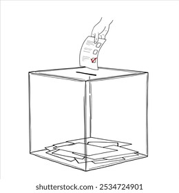 Votação com marca de seleção vermelha inserindo em caixa de votação transparente vetor desenhado à mão ilustração isolada. Colocando o esboço de escolha. Conceito de dia de eleição para brochura, promocional, cartaz.