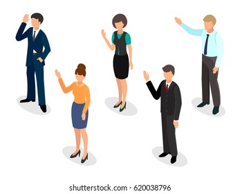 Voting people before the speaker in the tribune Isometric style vector illustration
