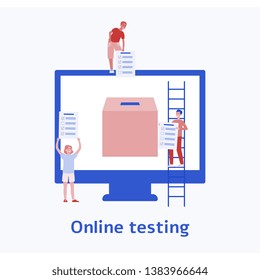 Voting people with computer screen as a symbol of online testing and customers opinion flat vector illustration isolated on white background. Internet technology for survey.