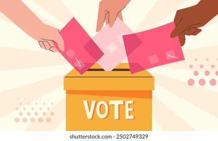 voting people. People of different races put a ballot paper in the ballot box