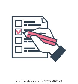 Voting person write answer on bulletin election vector. freedom of right to vote, human using pencil to answer ballot. Referendum with citizens ideas and thoughts, people decide on president candidate