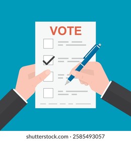 Voting person write answer on bulletin election. Put marks. freedom of right to vote, human using pencil to answer ballot. Referendum, people decide on president candidate. flat vector illustration