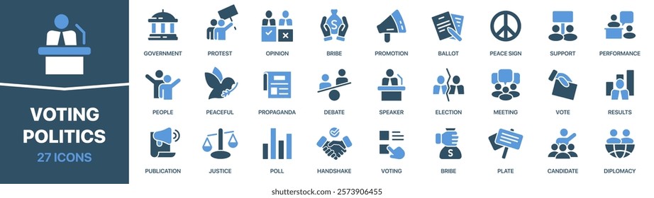 Voting and politics colored signed icon collection. Government, opinion, vote, diplomacy, ballot icons. UI icon set. Colored icons pack. Vector illustration EPS10
