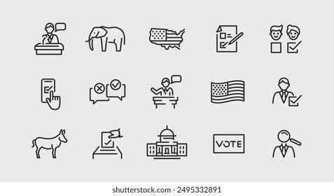 Abstimmungs- und Politiksymbole. Großes Abstimmungs- und Politikkonzept, minimale Symbole. Kandidat, Elefant, USA-Karte, Häkchen-Symbol. Designschilder für Web-Seite, mobile App, Verpackungsdesign. Vektorillustration