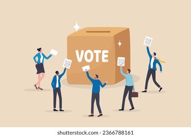 Voting, poll or employee feedback questionnaire, politic choice, opinion or democracy, election or customer survey, referendum concept, diverse people hold voting paper checkmark putting in vote box.