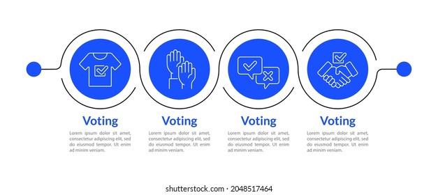 Elementos de diseño de presentación de votación. Plantilla infográfica vectorial de agitación. Visualización de datos con cuatro pasos. Diseño de flujo de trabajo con iconos lineales