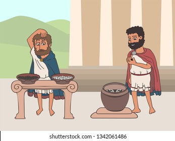 Voting Process In Ancient Greece By Placing Pebbles In Urn, Funny Cartoon Vector Illustration Of Democracy Origins