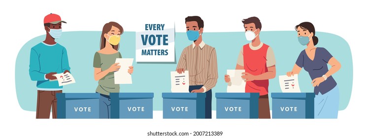 Voting process during pandemic. Voters in masks cast paper ballot putting vote into election box set. Men, women voting in favor or against candidate. Polling place flat vector illustration