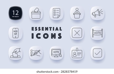Voting process set icon. Ballot box, checklist, candidate speech, announcement, mobile polling, marked selection, campaign banner, paper submission, electronic participation, citizen identification