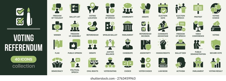 Voting referendum fill icon collection. Includes election process, democracy, ballot, rights, opinion and political participation symbols. Created in colored style with green palette