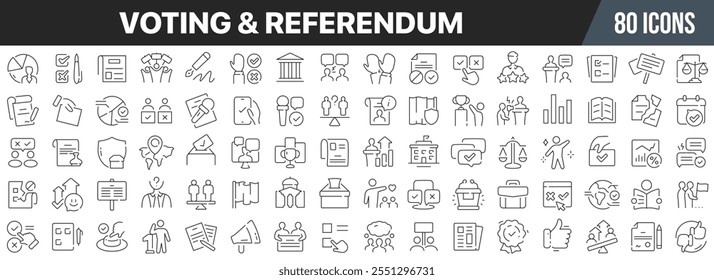 Coleção de ícones de linha de votação e referendo. Ícone de IU grande definido em um design plano. Pacote fino de ícones de estrutura de tópicos. Ilustração vetorial EPS10