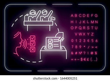 Voting Right Neon Light Concept Icon. Suffrage. Feminist Movement. Gender Equality. Womens Rights Idea. Outer Glowing Sign With Alphabet, Numbers And Symbols. Vector Isolated RGB Color Illustration