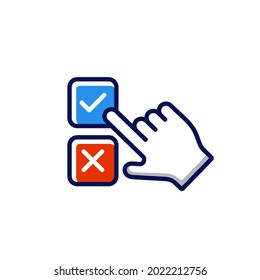 Voting Right And Wrong Icon Line With Hand Select Correct Checkmark Box. Making Decision Icon Vector Illustration. Participation In Democratic Process Concept.