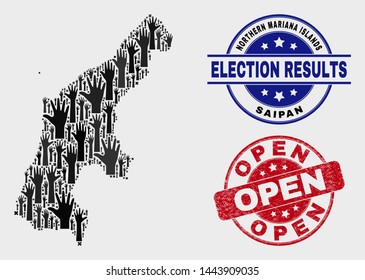 Voting Saipan Island map and seals. Red rounded Open scratched seal stamp. Black Saipan Island map mosaic of raised voting hands. Vector composition for referendum results, with Open seal stamp.