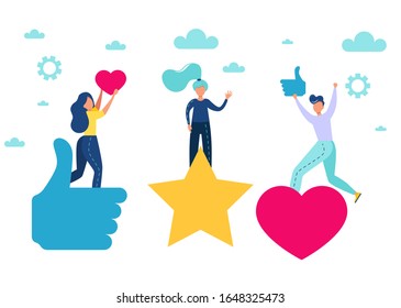 Votación, cinco puntos, mejor calificación. La gente deja comentarios y reacciones.  Buen trabajo.  Ilustración vectorial 
