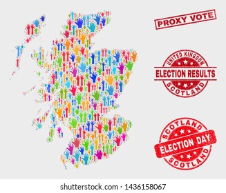 Voting Scotland Map And Seal Stamps. Red Rectangular Proxy Vote Scratched Seal Stamp. Bright Scotland Map Mosaic Of Upwards Election Hands. Vector Composition For Election Day, And Referendum Results.