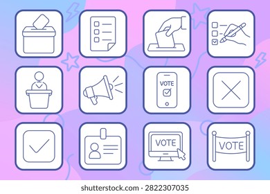 Voting set icon. Ballot box, checklist, election deposit, marked survey, podium speaker, campaign megaphone, mobile polling, abstain option, approval symbol, identification badge