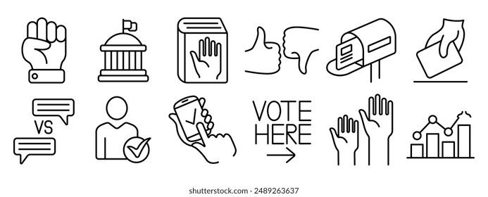 Abstimmungsset-Symbol. Wahl, Abstimmung, Stimmzettel, Mobile Voting, Debatte, Kandidat, Umfrage, Wählerregistrierung, Wahlanalyse, Regierung, Wahlkampf, Genehmigung, Ablehnung, Briefwahl, Demokratie, Politik