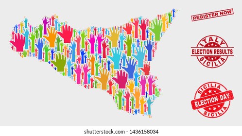 Voting Sicilia map and seals. Red rectangle Register Now scratched seal. Colored Sicilia map mosaic of raised ballot arms. Vector composition for election day, and ballot results.