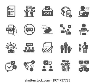 Voting simple icons. Public Election, Vote Box, Ballot Paper icons. Candidate, Politics voting and People vote. Government election, Raised hands, Document checklist. Online poll result. Vector