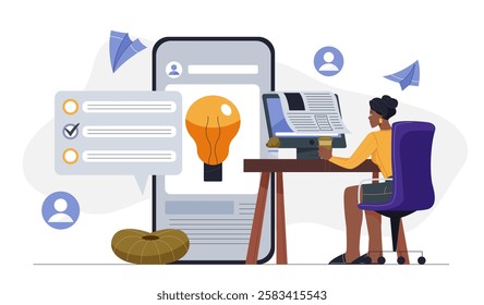 Voting in social media. Woman with computer evaluates quiz results. Marketer conducts user opinion research. Blogging in social networks. Survey and questionnaire. Flat vector illustration