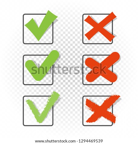 Voting square checkbox sign symbol set template. Green checkmark tick pictogram. Accept agree approved correct good confirm or not wrong incorrect choice vector illustration icon