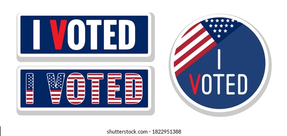 Voting Stickers With I Voted Slogan And USA Flag. Vote Labels. US Election Voter Sign, Sticker, Icon, Button, Badge. Responsible Voting Pin. Vector Illustration Isolated On White Background