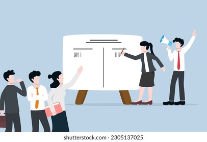 Voting in team meeting, group discussion, democracy at work, finding best solution with majority concept, Employees raising hands to vote for finding conclusion among project team meeting.