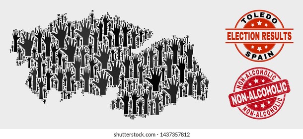 Voting Toledo Province map and seal stamps. Red round Non-Alcoholic scratched seal. Black Toledo Province map mosaic of upwards ballot arms. Vector combination for ballot results,