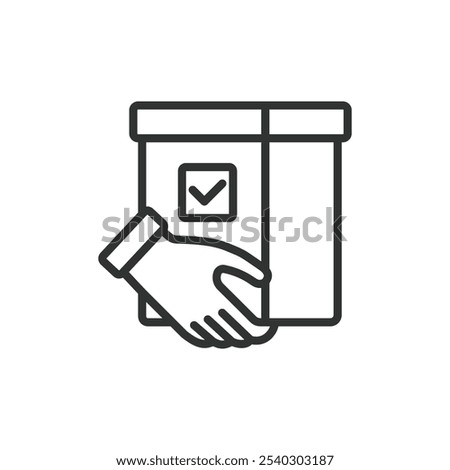 Voting urn with hand, icon in line design. Voting, urn, hand, ballot, cast, election, civic on white background vector. Voting urn with hand editable stroke icon