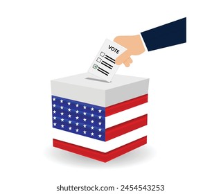 voting in us president election hand paper vote with ballot box on white isolated