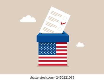 Wählen in USA, Vereinigte Staaten von Amerika. Stimmzettel in die Wahlurne. Wahlurne. flache Vektorillustration