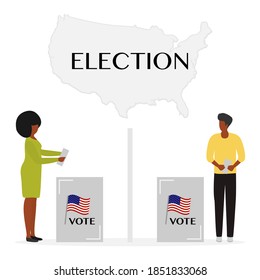 Voting Vector illustration Election day People vote. People give their vote for the candidate. USA American presidential election 2020. Election campaign. Political campaigning. Design for print