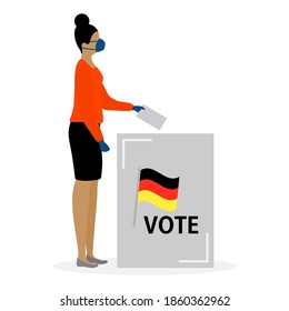 Voting Vector illustration Election day People in medical mask throw ballot into ballot box. People give their vote for candidate. Germany Political campaigning Supporters of Party Election campaign