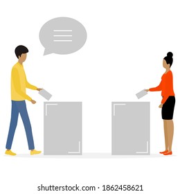 Ilustración de los vectores Día de las elecciones La gente lanza la papeleta a las urnas. La gente da su voto por el candidato. Campaña política Simpatizantes de la campaña electoral del partido Elecciones presidenciales