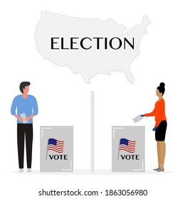 Votación Ilustración vectorial Día de elecciones La gente vota. La gente da su voto por el candidato. Elecciones presidenciales estadounidenses 2020. Campaña electoral. Campaña política. Diseño para impresión
